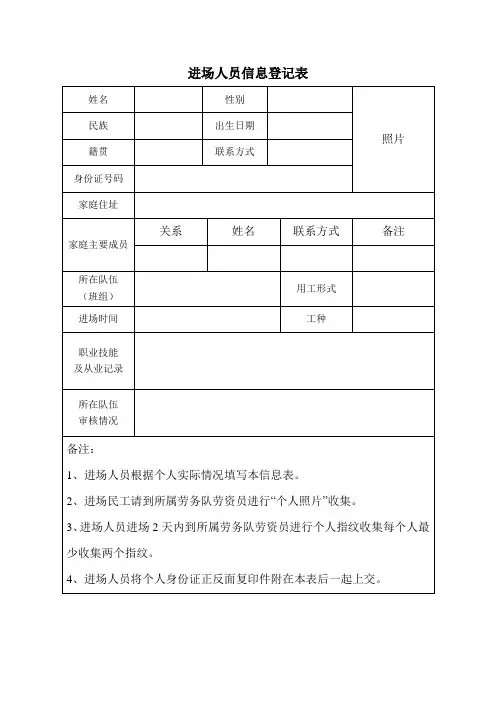 进场人员信息登记表