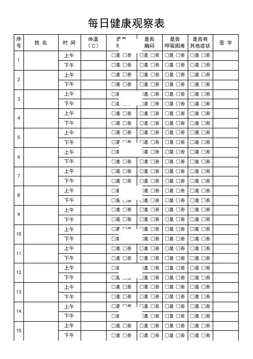 最新开学学生体温测量表健康观察日志最新