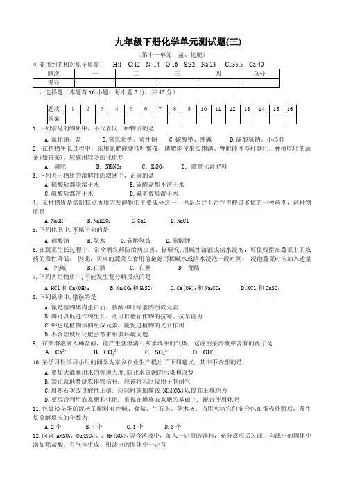 人教版九年级化学下册第11单元  盐、化肥 单元测试题及答案