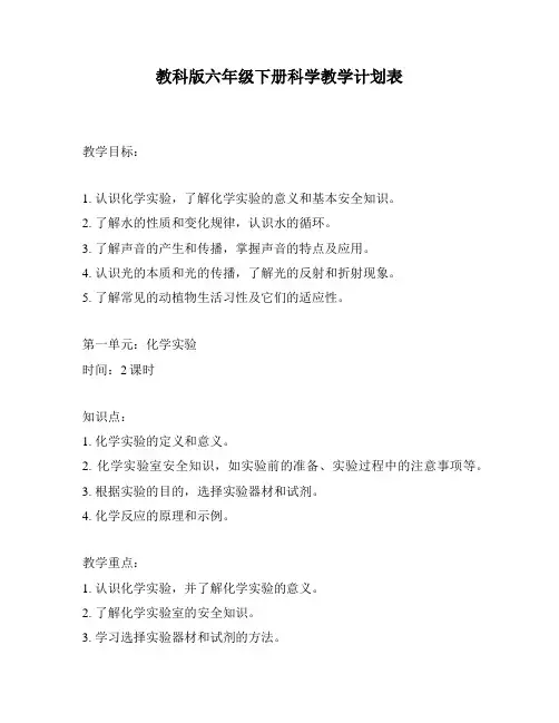 教科版六年级下册科学教学计划表
