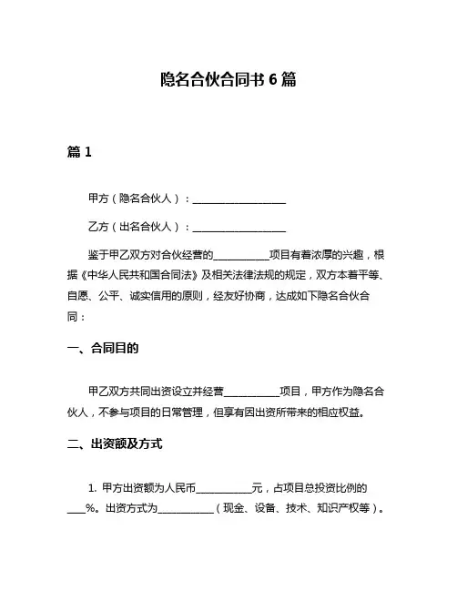 隐名合伙合同书6篇
