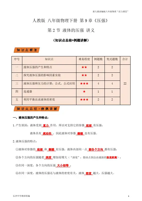 人教版八年级下册物理9.2液体的压强(讲义)教师版