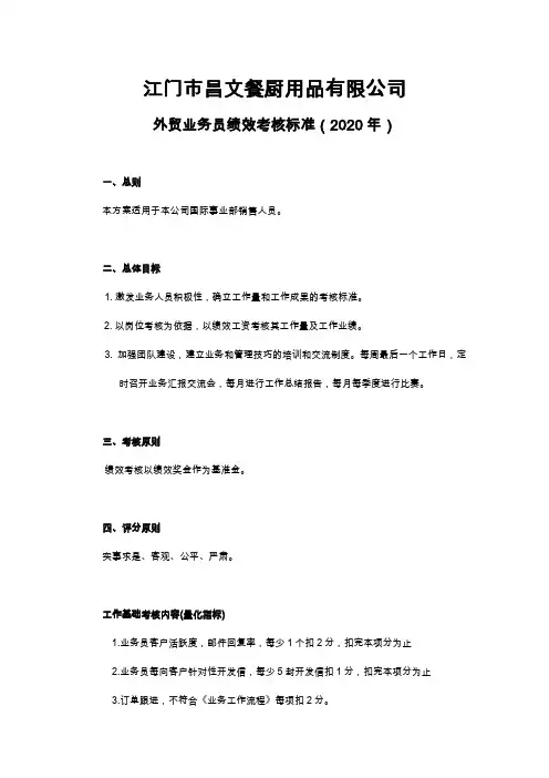 2020年外贸业务员绩效考核标准