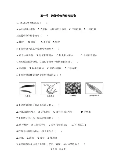 人教版八年级生物上册补充习题(含答案)腔肠动物和扁形动物