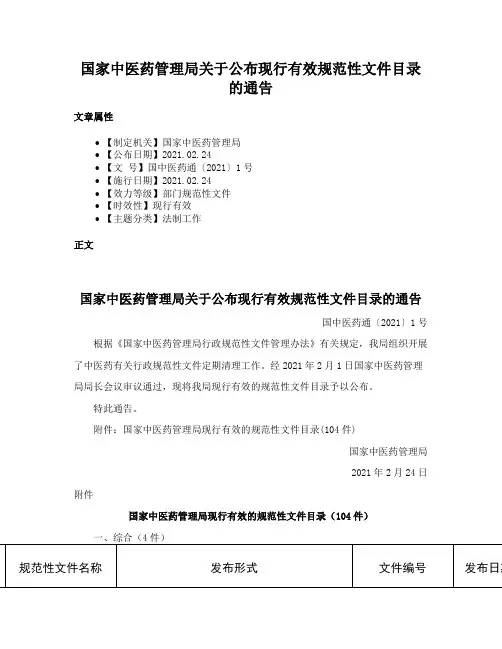 国家中医药管理局关于公布现行有效规范性文件目录的通告
