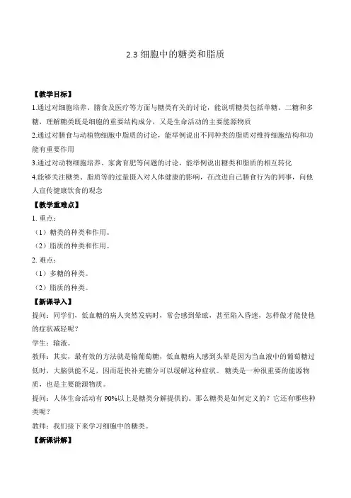 细胞中的糖类和脂质 教案——高中生物人教版(2019)必修一