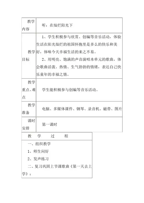 苏教版六年级音乐下册5在灿烂阳光下优质教案(1)
