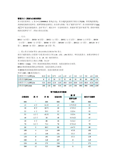 管道尺寸(英制与公制对照表)