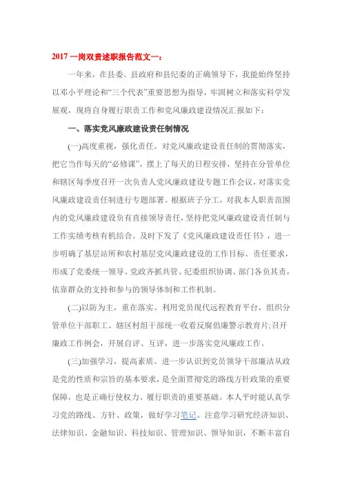 2017一岗双责述职报告范文一