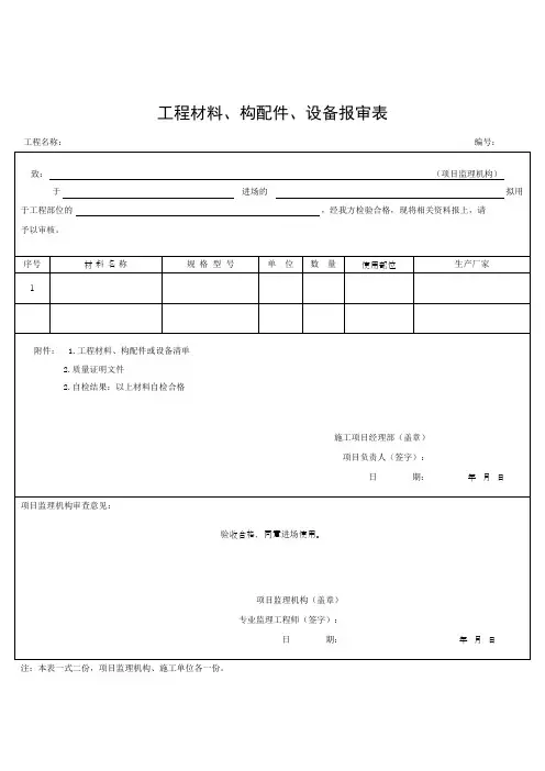 工程材料、构配件、设备报审表(附材料清单)