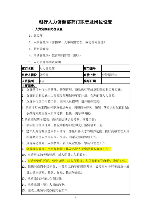 银行人力资源部部门职责及岗位设置