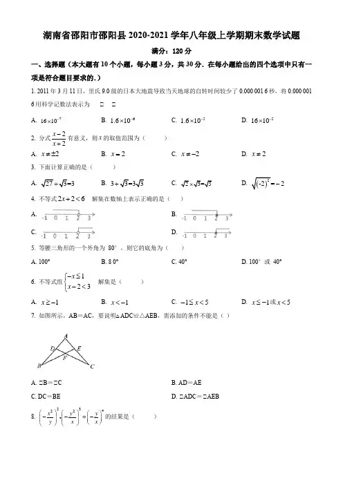 湖南省邵阳市邵阳县2020-2021学年八年级上学期期末数学试题