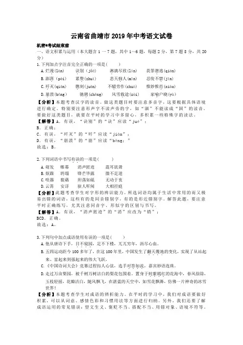 2019年云南省曲靖市中考语文试题(含解析)