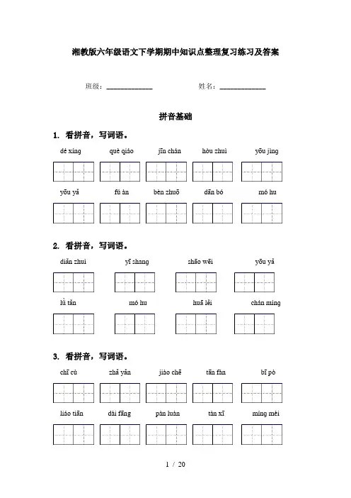 湘教版六年级语文下学期期中知识点整理复习练习及答案