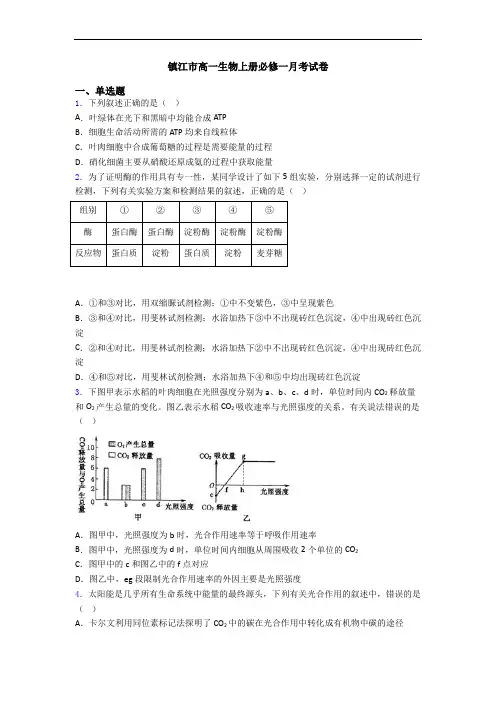 镇江市高一生物上册必修一月考试卷