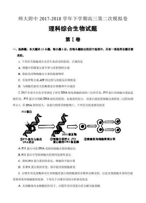 北京师大附中2018届高三下学期第二次模拟考试理综生物试卷(含答案)