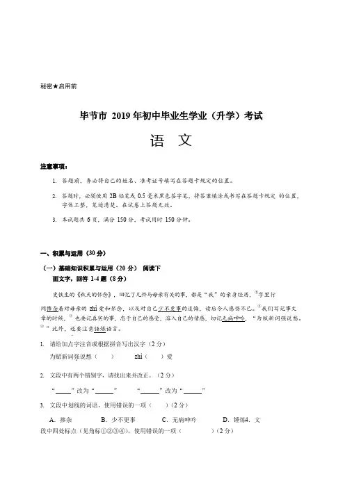 贵州省毕节市2019年中考语文试卷