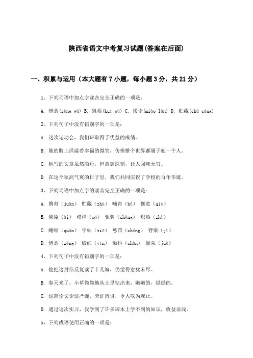 陕西省语文中考试题及解答参考