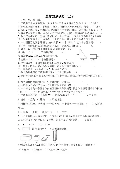 六年级下册数学 总复习测试卷(二) (北师大版含答案)