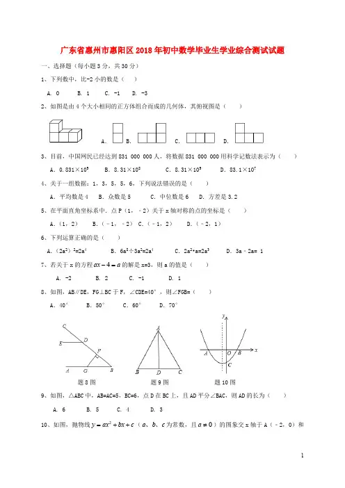 广东省惠州市惠阳区2018年初中数学毕业生学业综合测试试题20190102224