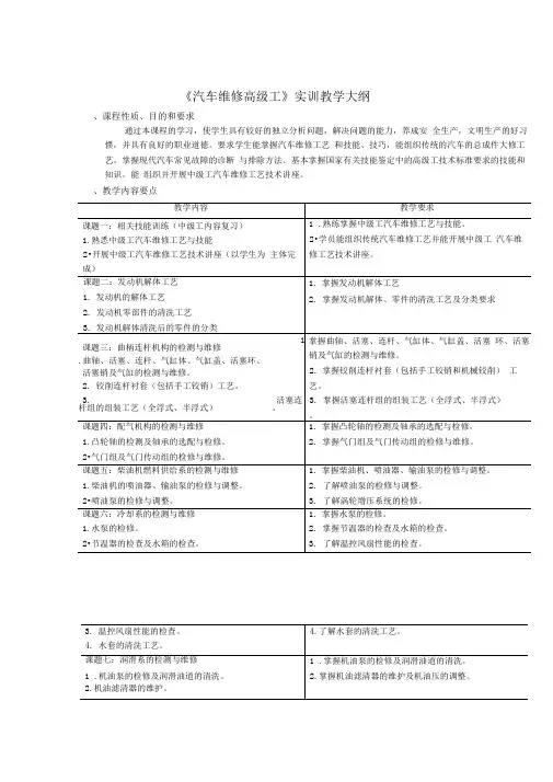 汽车维修高级工实训大纲概要