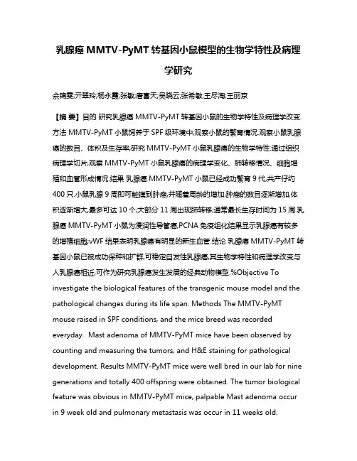 乳腺癌MMTV-PyMT转基因小鼠模型的生物学特性及病理学研究