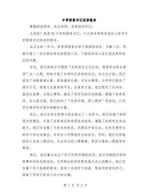 中学团委书记述职报告