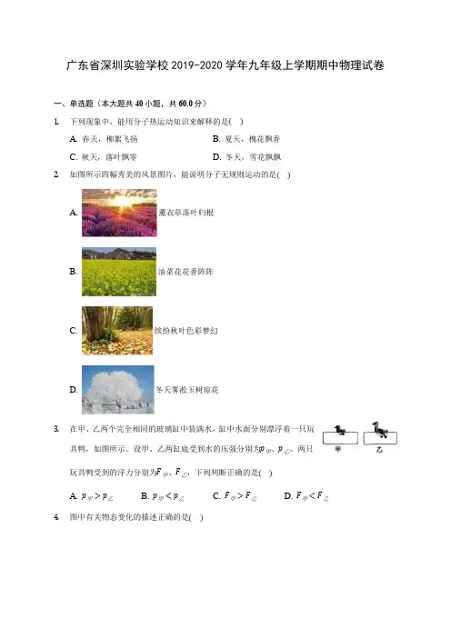 广东省深圳实验学校2019-2020学年九年级上学期期中物理试卷 (有解析)