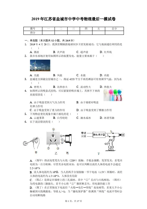2019年江苏省盐城市中学中考物理最后一模试卷