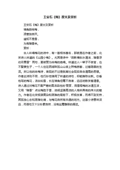 王安石《梅》原文及赏析