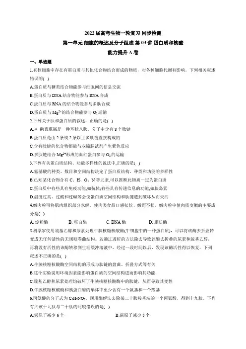 2022届高考生物一轮复习同步检测：第一单元细胞的概述及分子组成第03讲蛋白质和核酸能力提升卷含答案