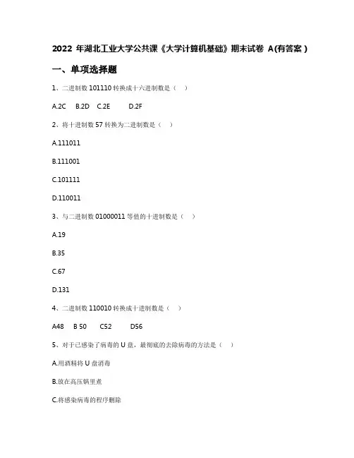 2022年湖北工业大学公共课《大学计算机基础》期末试卷A(有答案)