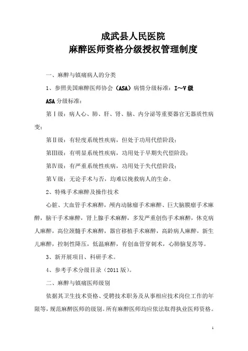 整理麻醉医师资格分级授权管理制度与程序、各种手术麻醉授权申请表、考核表