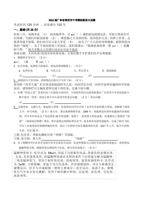2024届广东省深圳市中考模拟练语文试题【含答案】