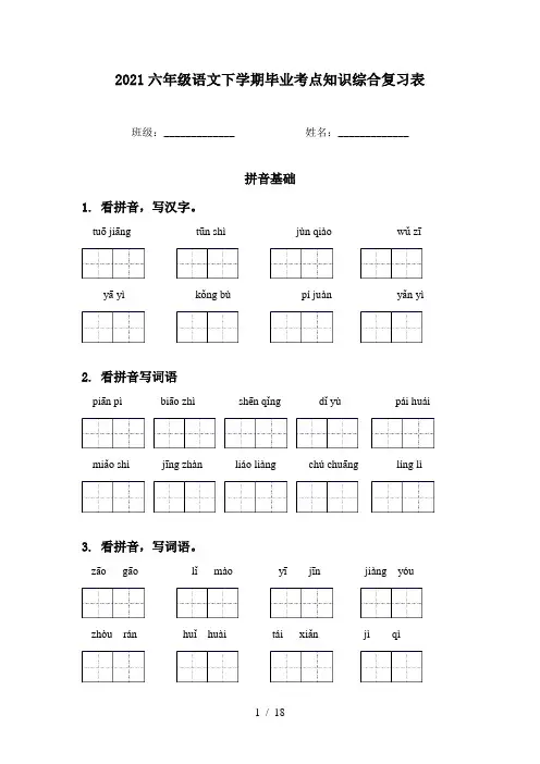 2021六年级语文下学期毕业考点知识综合复习表