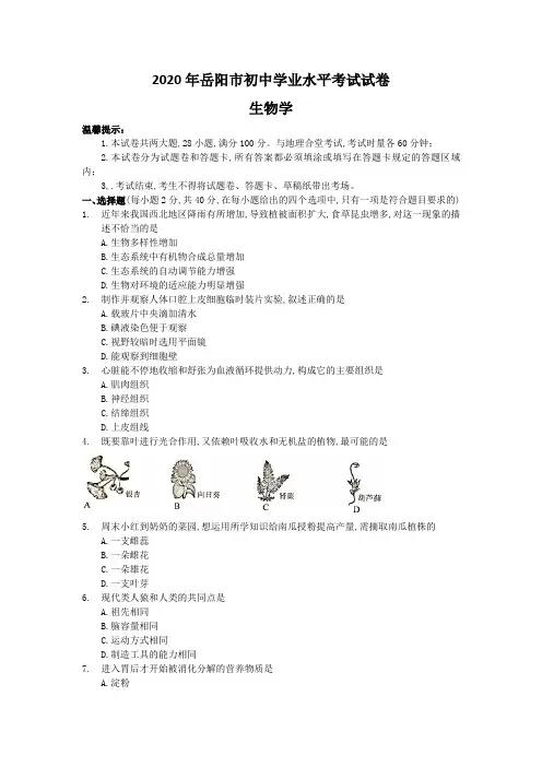 2020年岳阳市初中学业水平考试试卷(有答案)