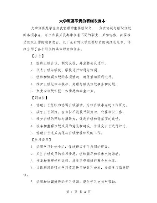 大学班委职责的明细表范本