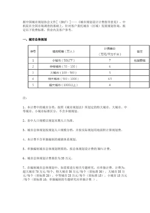 城市规划协会文件[(2017)]——《城市规划设计计费指导意见》