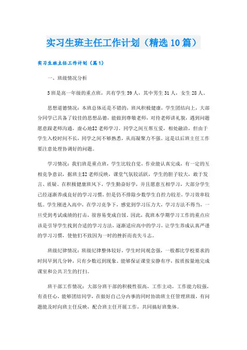 实习生班主任工作计划(精选10篇)