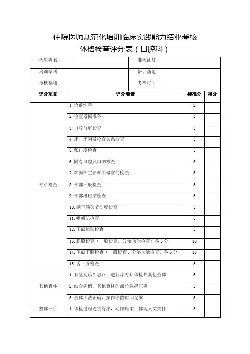 住院医师规范化培训临床实践能力结业考核体格检查评分表(口腔科)