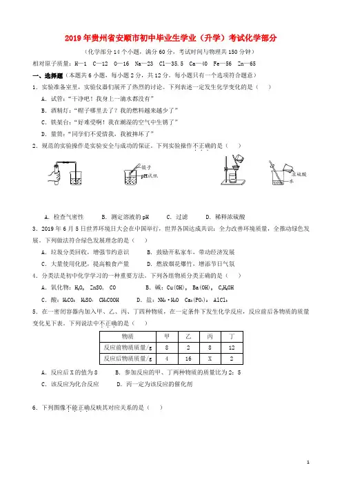 贵州省安顺市2019年中考化学真题试题(含解析)(数理化网)