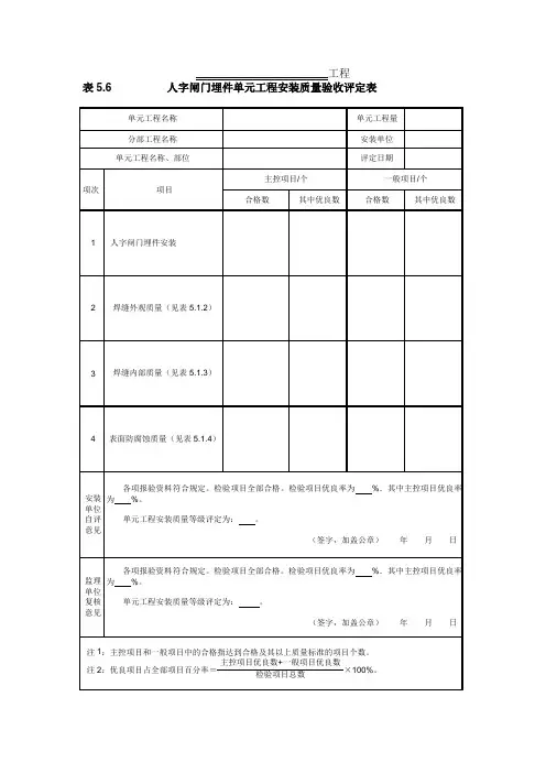 人字闸门埋件单元工程安装质量验收评定表