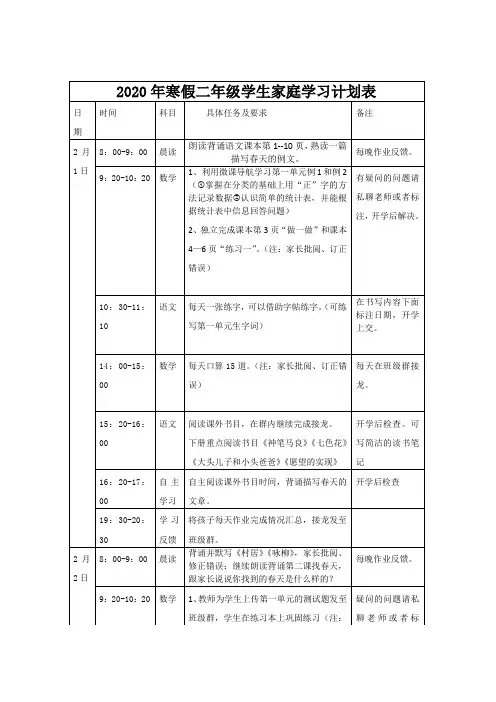 2020年寒假二年级学生家庭学习计划表