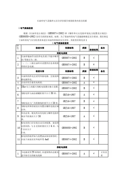 石油库电气设施单元安全评价报告现场检查内容及依据