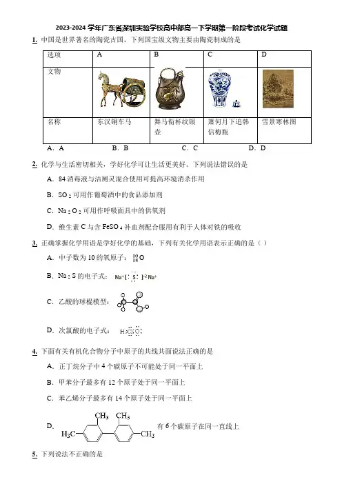 2023-2024学年广东省深圳实验学校高中部高一下学期第一阶段考试化学试题