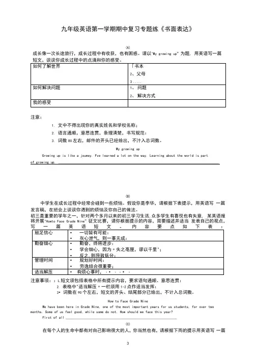 牛津译林版九年级英语第一学期期中复习专题练《书面表达》