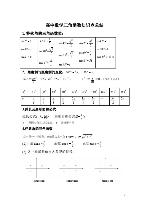 高中数学三角函数知识点总结