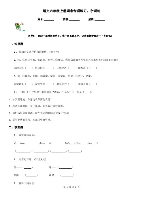 语文六年级上册期末专项练习：字词句