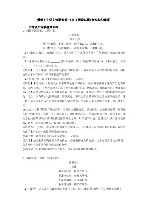最新初中语文诗歌鉴赏+文言文阅读试题(有答案和解析)