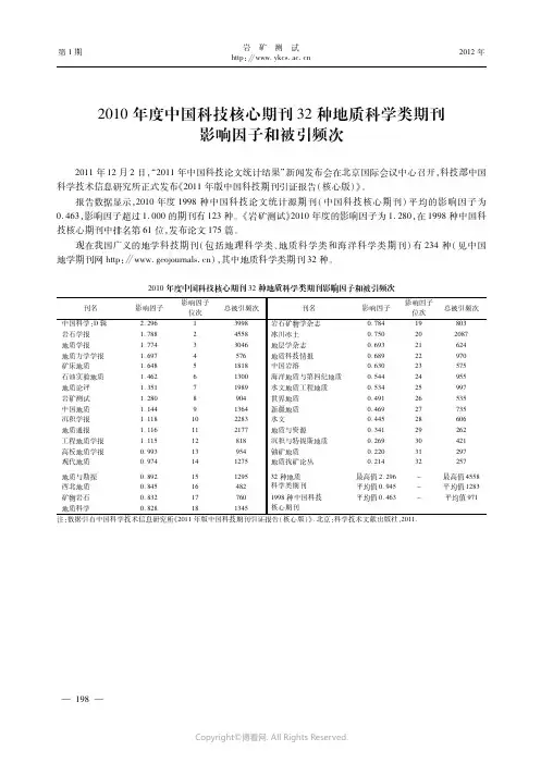 ２０１０年度中国科技核心期刊３２种地质科学类期刊影响因子和被引频次